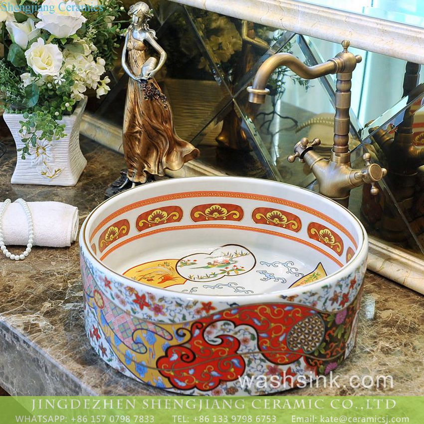 TXT182-2 Jingdezhen made special design Indonesia style retro straight barrel shape famille rose ceramic mini under mount wash sink basin with gorgeous gold drawing cloud and sea wave pattern TXT180-2 - shengjiang  ceramic  factory   porcelain art hand basin wash sink