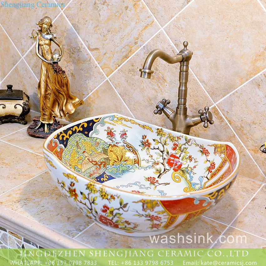 TXT19A-3 Popular sale item ancient China imperial style oval large piece famille rose ceramic table top ingot shape sanitary ware with phoenix floral pattern TXT19A-3 - shengjiang  ceramic  factory   porcelain art hand basin wash sink
