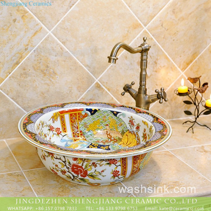 TXT20A-1 Chinoiserie vintage style design art wide rim round small corner ceramic lavatory bowl with floral and phoenix pattern on white enamel TXT20A-1 - shengjiang  ceramic  factory   porcelain art hand basin wash sink