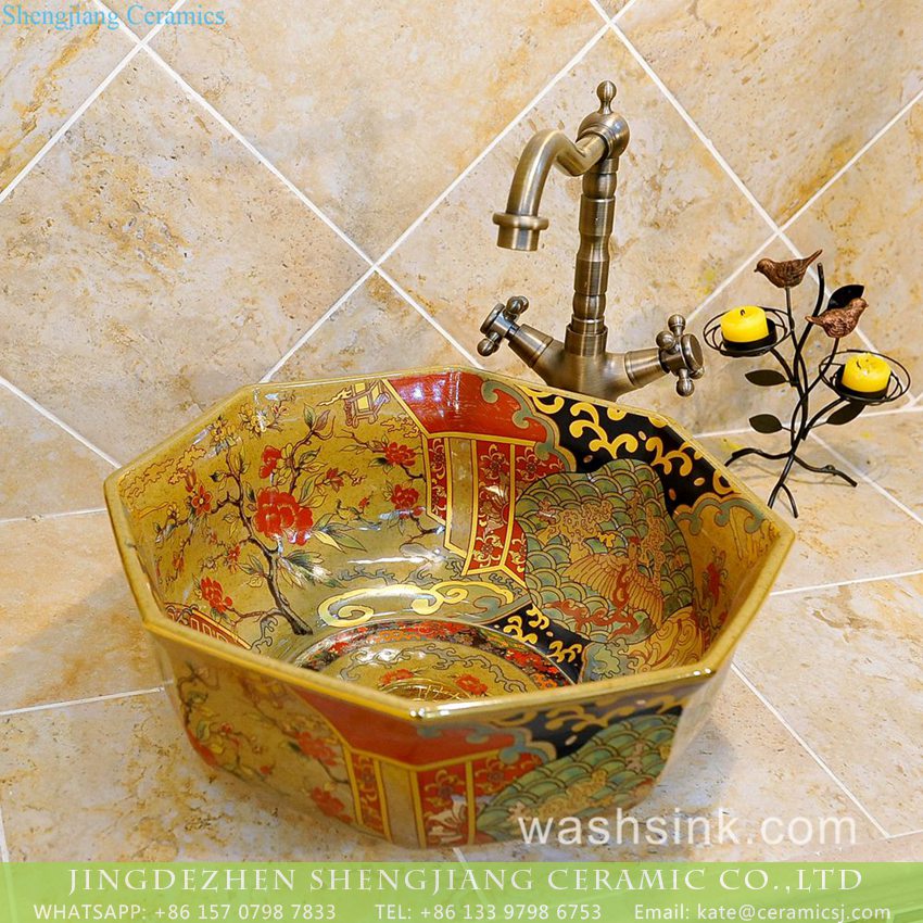 TXT22B-2 Large bulk sale factory outlet Indian royal court style distinctive octagonal shape luxury indoor bathroom wash face vessel sink with magnificent ornate cloud and palace design TXT22B-2 - shengjiang  ceramic  factory   porcelain art hand basin wash sink