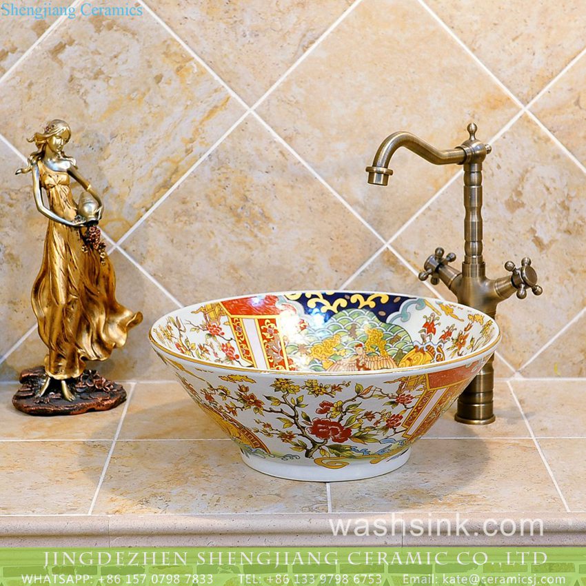 TXT24A-4 Popular China supply Chinese quaint style bamboo hat flared mouth shape colorful porcelain wash face lavabo with splendid enamel floral design on white glaze TXT24A-4 - shengjiang  ceramic  factory   porcelain art hand basin wash sink