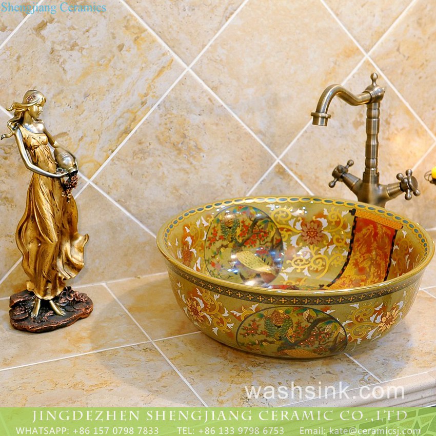 TXT27B-3 Shengjiang Ceramics European royal court style golden colorful large countertop porcelain lavatory sink with beautiful design on edge and eagle pattern TXT27B-3 - shengjiang  ceramic  factory   porcelain art hand basin wash sink