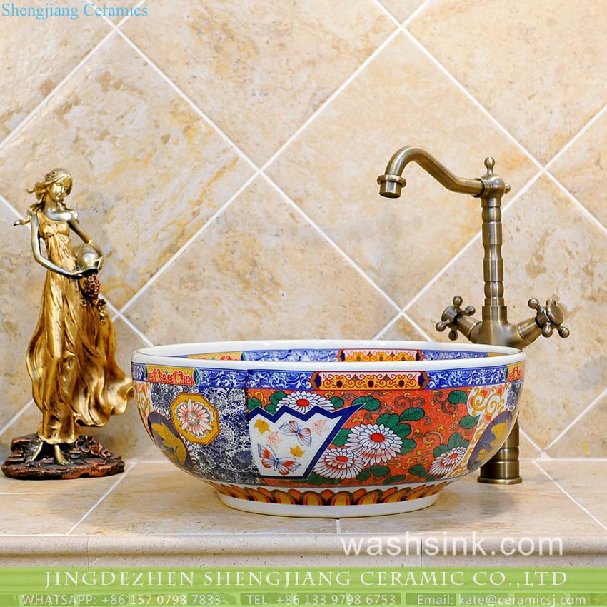 TXT29A-4 China conventional retro style round colorful contemporary porcelain over mount lavabo with unique special pretty enamel design TXT29A-4 - shengjiang  ceramic  factory   porcelain art hand basin wash sink