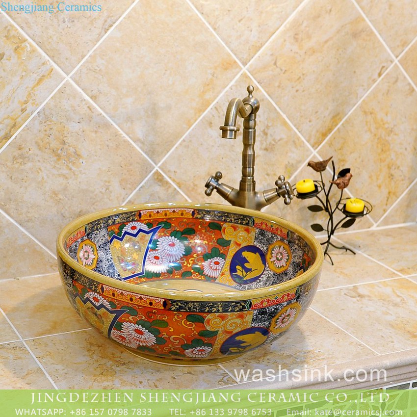 TXT29B-3 Made in Jingdezhen ancient Chinese vintage style interior bathroom round ceramic sink bowl with fascinating beautiful  caramel color flower design on enamel wall and surface TXT29B-3 - shengjiang  ceramic  factory   porcelain art hand basin wash sink