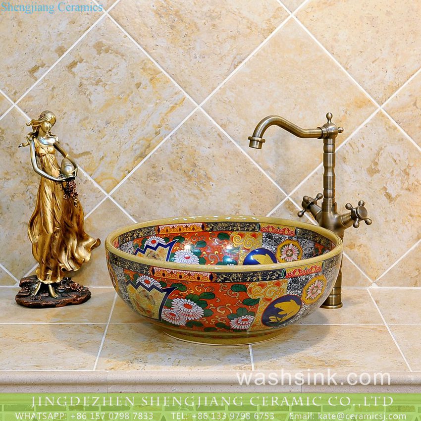 TXT31B-3 Shengjiang Ceramics online sale ancient China style antique retro fantastic round art porcelain enamel table top sink bowl with gorgeous and various floral design TXT31B-3 - shengjiang  ceramic  factory   porcelain art hand basin wash sink
