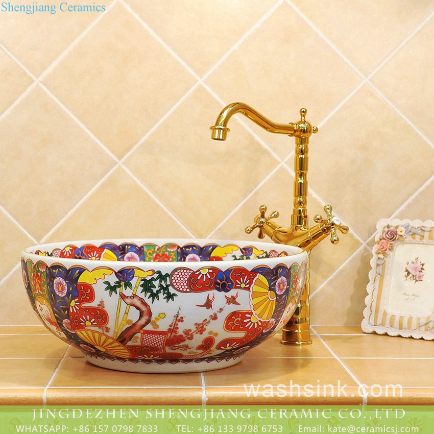 TXT33A-4 Shengjiang Jingdezhen supply best price Japanese vintage style colorful ceramic enamel bathroom vessel sink with floral garden pattern on white glaze TXT33A-4 - shengjiang  ceramic  factory   porcelain art hand basin wash sink