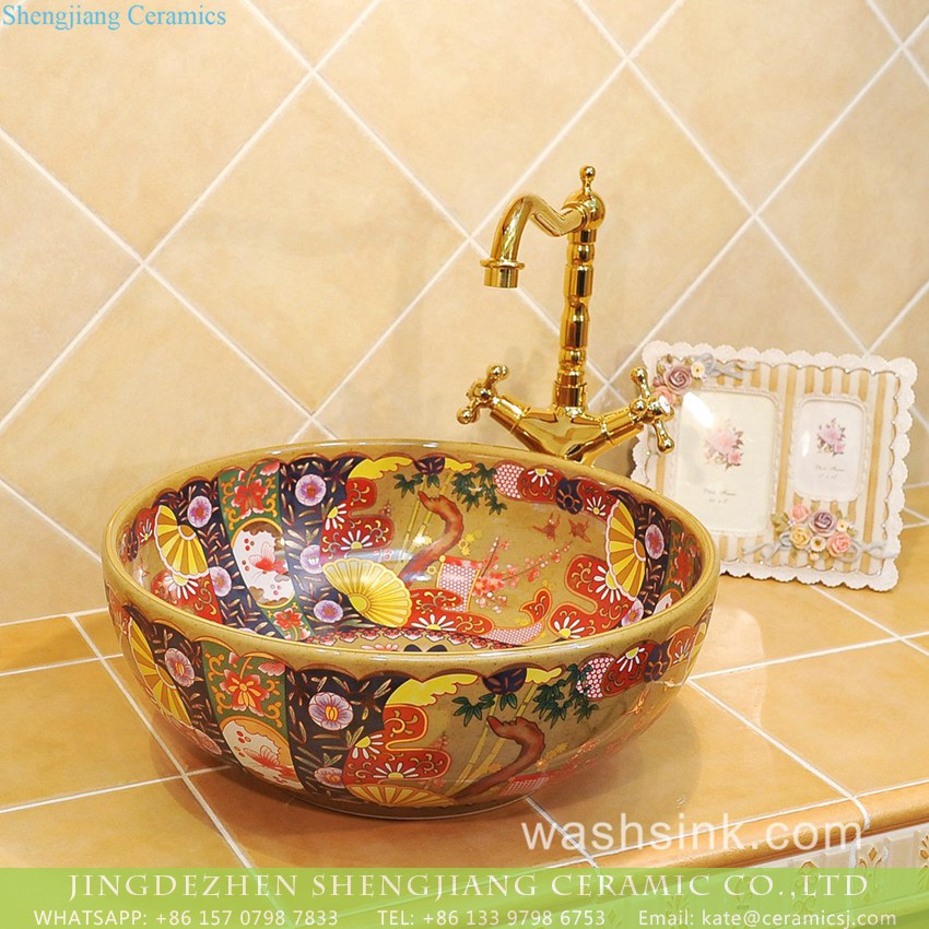 TXT33B-3 Jingdezhen produce local wholesale price Japanese retro quaint royal court style round gorgeous porcelain enamel art lavabo with various floral pattern TXT33B-3 - shengjiang  ceramic  factory   porcelain art hand basin wash sink