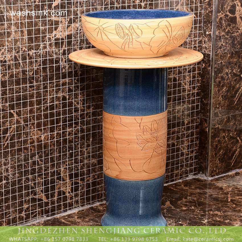 XHTC-L-3001-1 China exporter best choice Jingdezhen Chinese retro country style round one piece pedestal ceramic basin blue glaze wall and carved wood color surface XHTC-L-3001 - shengjiang  ceramic  factory   porcelain art hand basin wash sink