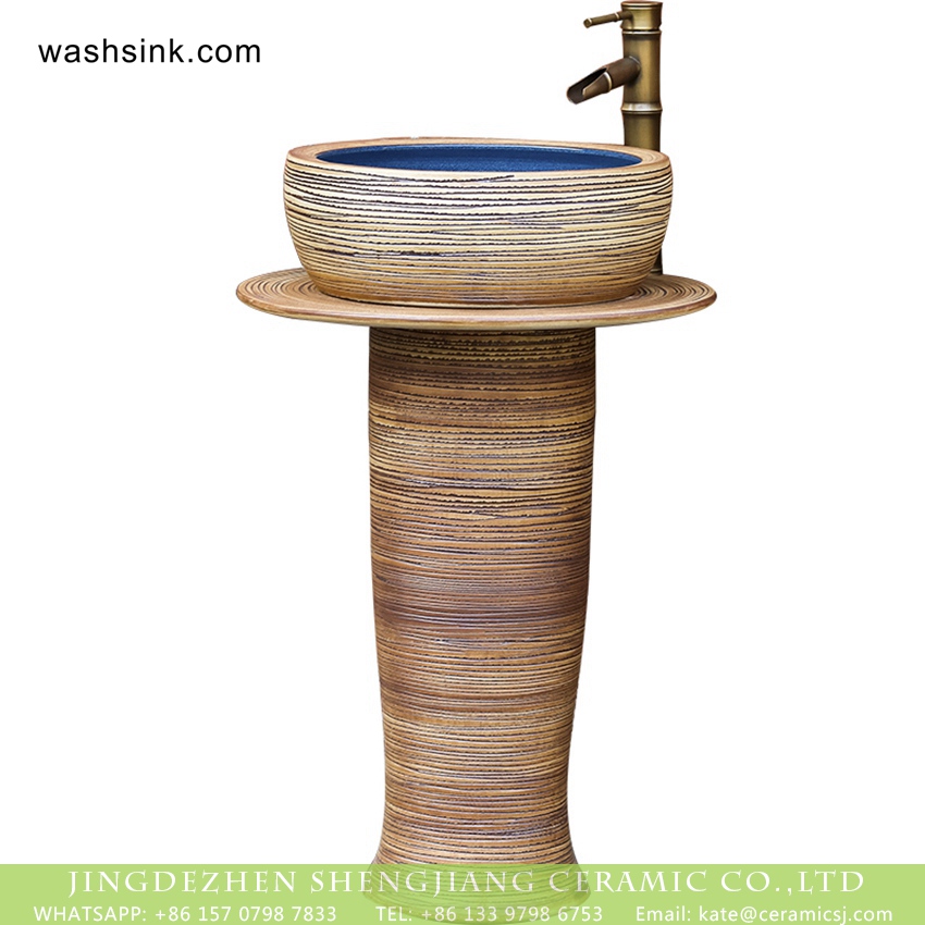 XHTC-L-3003-5 Luxury American garden style handicraft column pottery wash hand basin with deep blue glaze wall and carved striations on surface for courtyard decoration XHTC-L-3003 - shengjiang  ceramic  factory   porcelain art hand basin wash sink