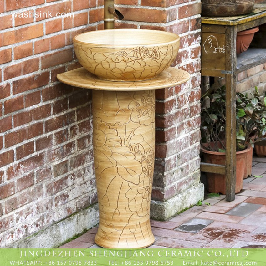 XHTC-L-3004-5 New product 2018 Chinese antique country style art ceramic lavabo with foot with hand craft delicate carved lotus pattern on wood color surface XHTC-L-3004 - shengjiang  ceramic  factory   porcelain art hand basin wash sink