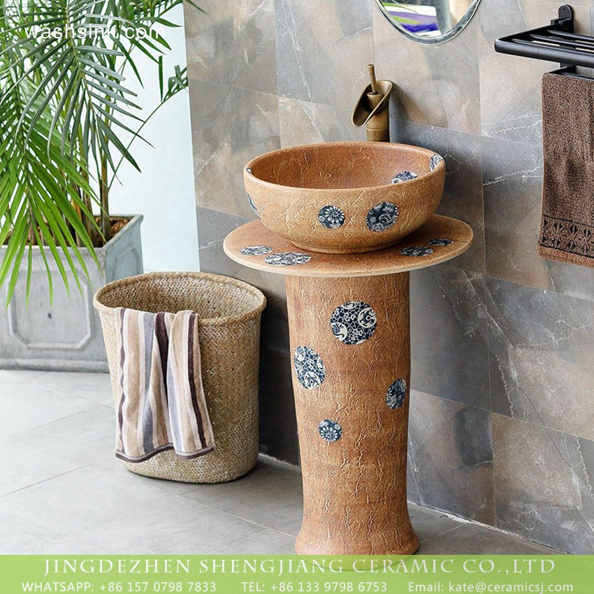 XHTC-L-3005-0 Industrial antique retro clay style hotel decoration outdoor high foot unitary vessel basin set with under glaze blue-and-white dot design XHTC-L-3005 - shengjiang  ceramic  factory   porcelain art hand basin wash sink