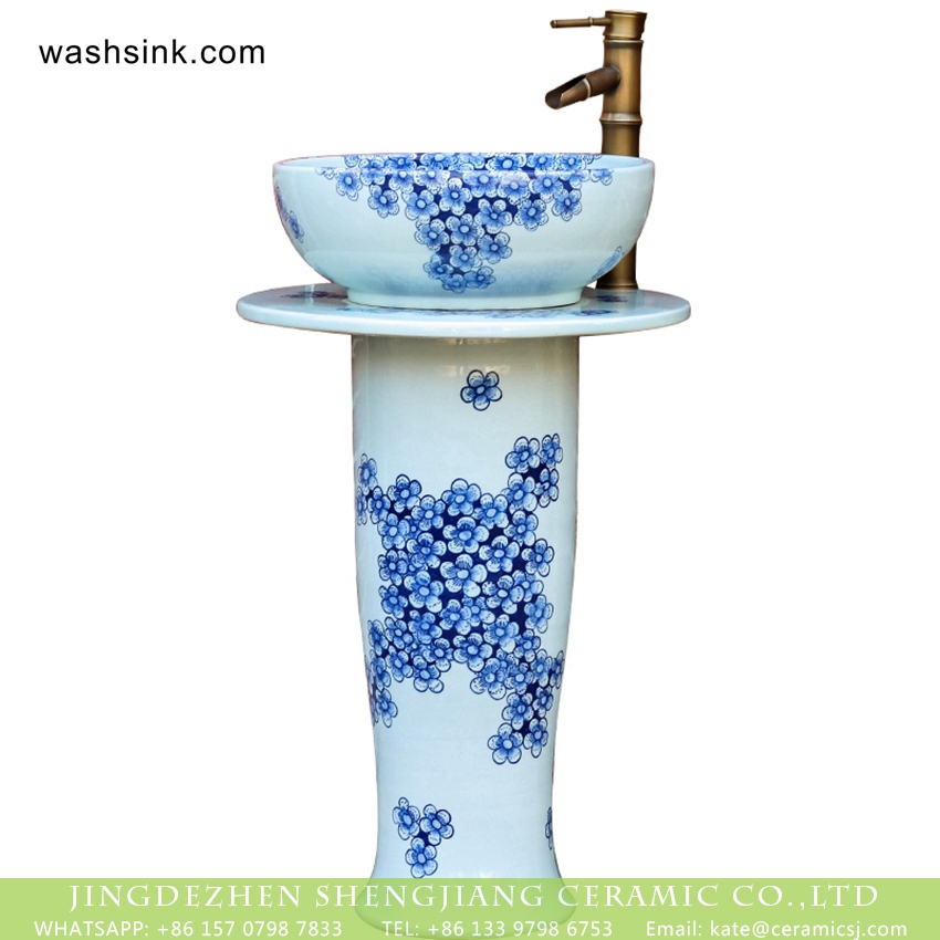 XHTC-L-3007-3 Gorgeous Chinese vintage fresh style home decoration art ceramic column basin bowl set with blue-and-white floral printing on white glaze XHTC-L-3007 - shengjiang  ceramic  factory   porcelain art hand basin wash sink