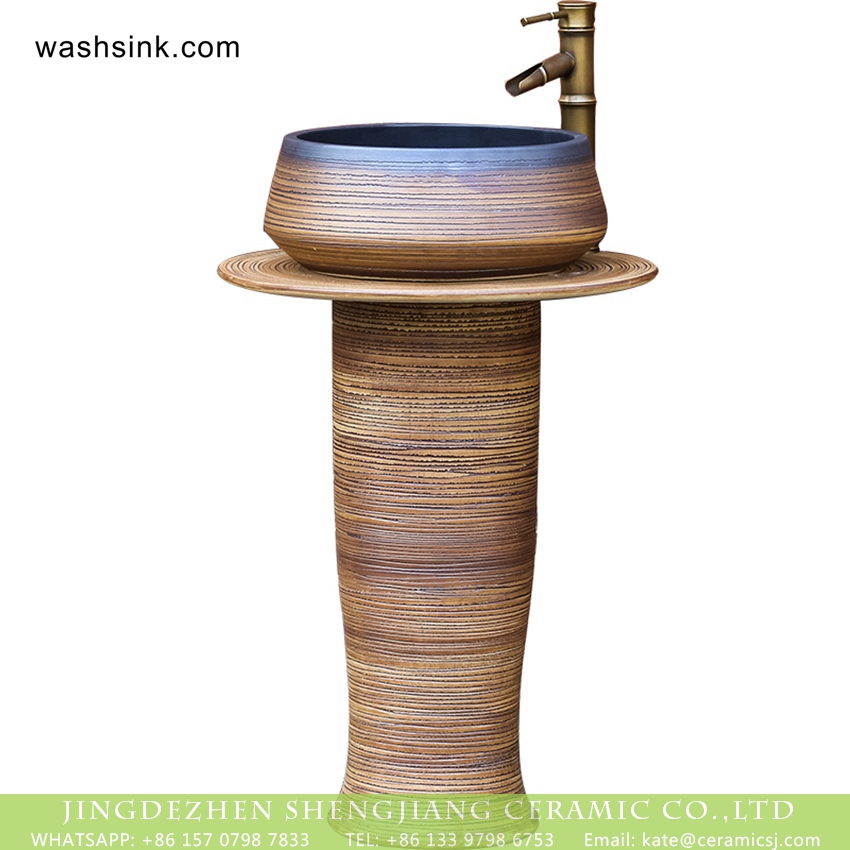 XHTC-L-3009-4 Shengjiang factory direct Chinese country style ash glaze outdoor balcony ceramic unitary basin with sculptured imitating wood grain on surface and gorgeous blue glaze edge XHTC-L-3009 - shengjiang  ceramic  factory   porcelain art hand basin wash sink