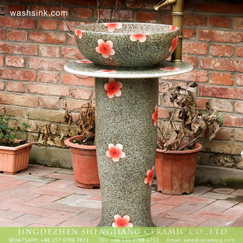 XHTC-L-3014-1 Chinese antique retro country style beautiful porcelain pedestal basin bowl with under glaze red floral pattern on green glaze XHTC-L-3014 - shengjiang  ceramic  factory   porcelain art hand basin wash sink