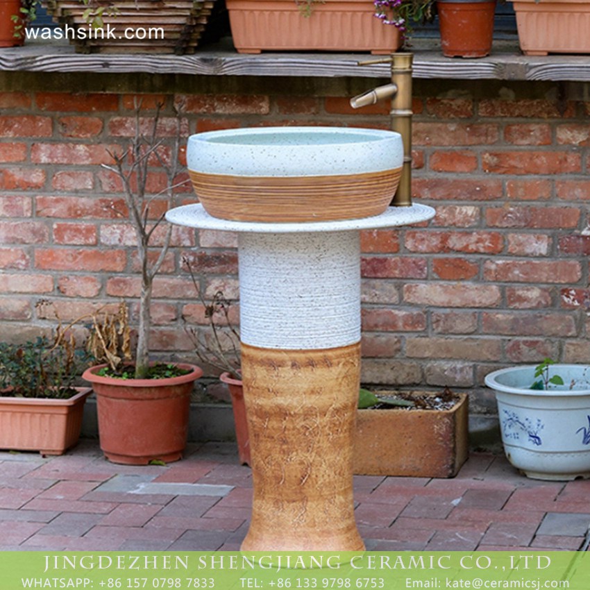 XHTC-L-3015-3 American unique design country style hot sale modern porcelain column wash hand basin with craved imitating wood pattern on mixed white and yellow surface XHTC-L-3015 - shengjiang  ceramic  factory   porcelain art hand basin wash sink
