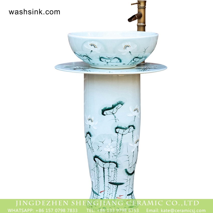 XHTC-L-3016-4 Jingdezhen made customized elegant beautiful arts and crafts Chinese ink painting style one-piece sink with delicate lotus pattern on light blue wall and surface XHTC-L-3016 - shengjiang  ceramic  factory   porcelain art hand basin wash sink