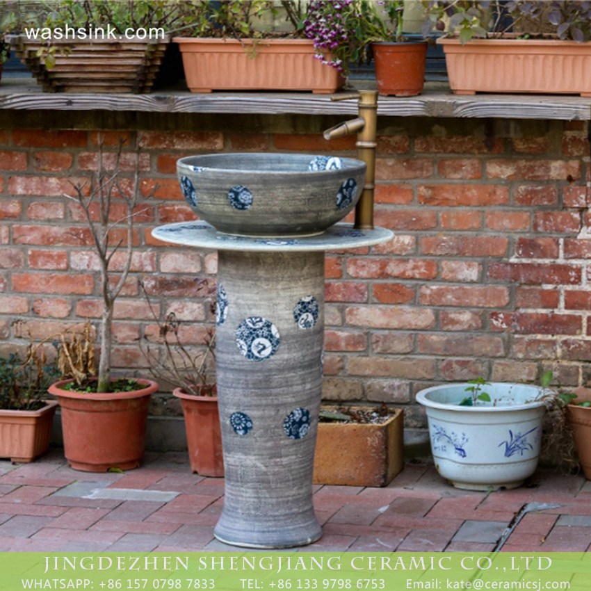 XHTC-L-3017-4 Shengjiang factory direct wholesale price Chinese simple retro style porcelain unitary wash sink basin with blue-and-white floral design on mixed gray wall and surface XHTC-L-3017 - shengjiang  ceramic  factory   porcelain art hand basin wash sink