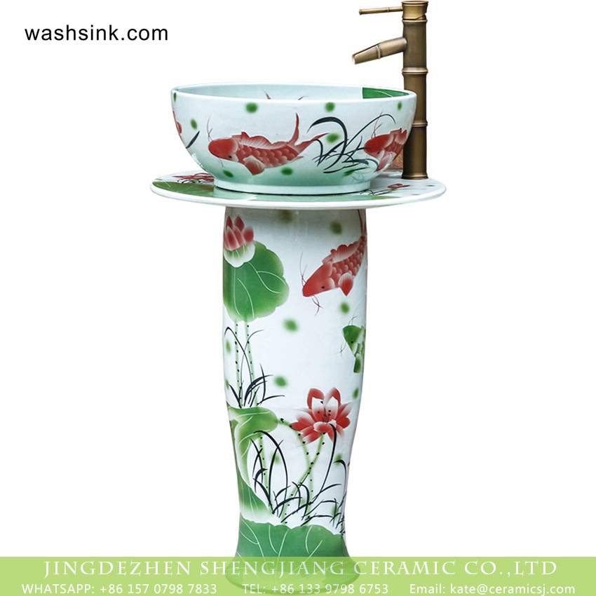 XHTC-L-3019-5 Jingdezhen wholesale supplier direct Chinoiserie country style ceramic column wash basin bowl with freehand sketching red carp and lotus pond pattern printing XHTC-L-3019 - shengjiang  ceramic  factory   porcelain art hand basin wash sink