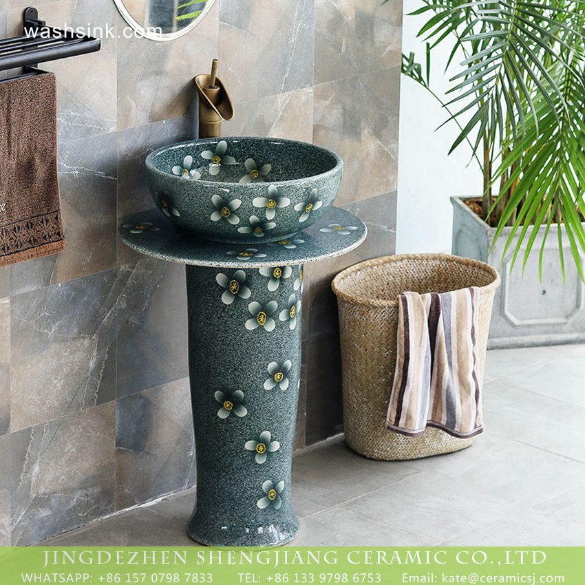 XHTC-L-3020-6 Jingdezhen factory Elegant Chinese country style domestic outdoor balcony bathroom pedestal ceramic sanitary ware beautiful turquoise color with scattered under glaze small floral pattern XHTC-L-3020 - shengjiang  ceramic  factory   porcelain art hand basin wash sink