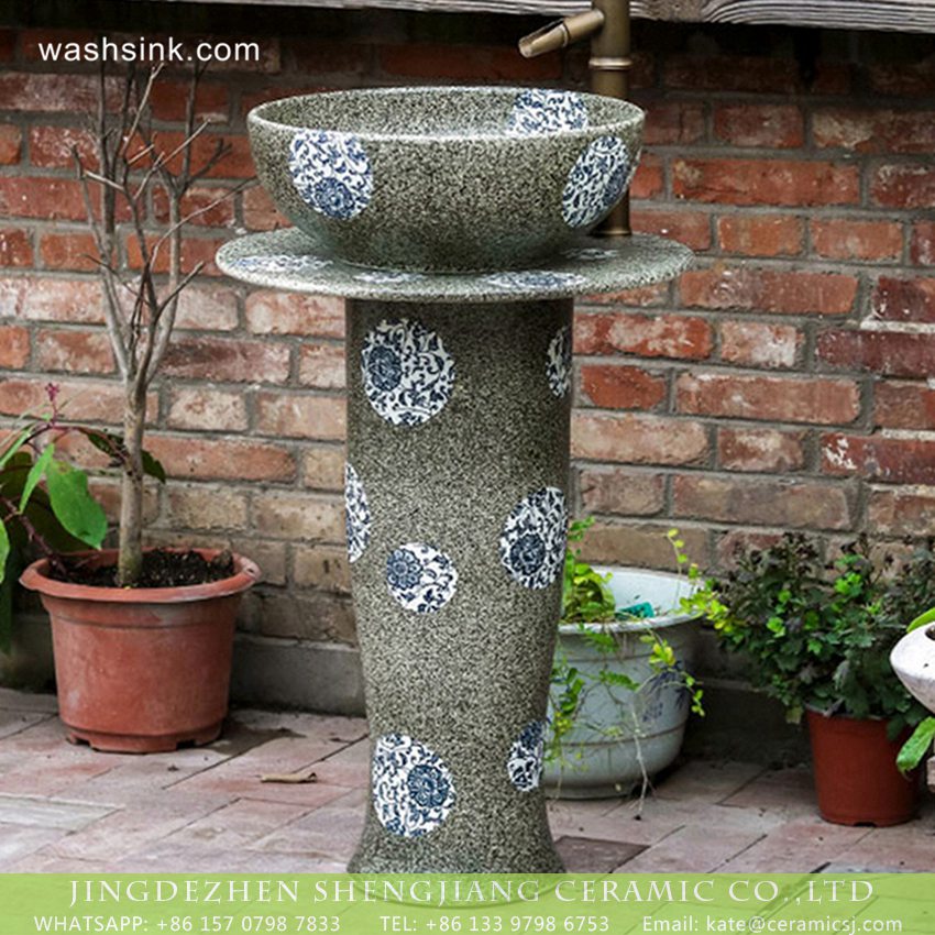 XHTC-L-3024-1 New model Jingdezhen product Chinese country style lavatory unitary pedestal art ceramic basin with blue-and-white floral pattern on grey color with spots wall and surface XHTC-L-3024 - shengjiang  ceramic  factory   porcelain art hand basin wash sink