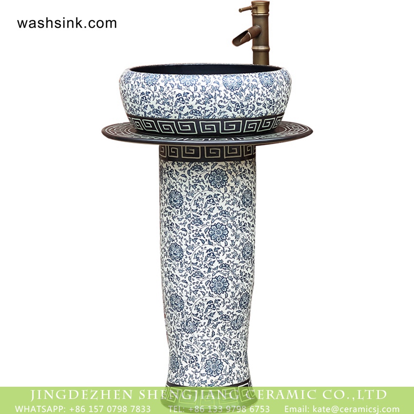 XHTC-L-3026-3 Jingdezhen factory price China vintage arts and crafts ceramic pedestal lavabo with black wall and under glaze blue-and -white floral pattern on surface XHTC-L-3026 - shengjiang  ceramic  factory   porcelain art hand basin wash sink