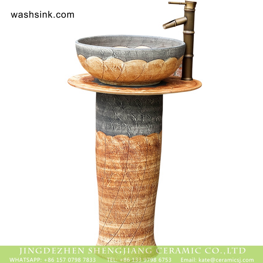 XHTC-L-3036-4 Chinese traditional retro country style outdoor domestic balcony washroom pottery one piece pedestal sink hand carved petal design gray and beign color XHTC-L-3036 - shengjiang  ceramic  factory   porcelain art hand basin wash sink