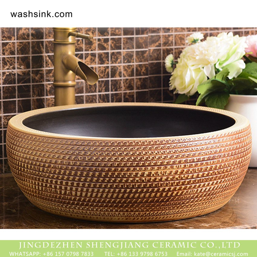 XHTC-X-1016-1 Shengjiang wholesale price Roman antique style drum shape fashionable retro countertop porcelain toilet basin with dark brown wall and carved mysterious brown pattern on surface XHTC-X-1016-1 - shengjiang  ceramic  factory   porcelain art hand basin wash sink