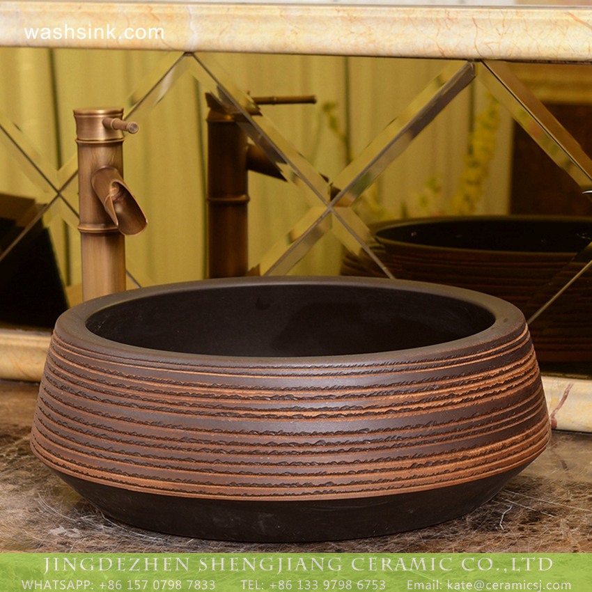 XHTC-X-1032-1 Shengjiang factory direct treasure bowl shape Chinese traditional art porcelain bowl vessel basin with hand caved striation on chocolate color surface for home decoration XHTC-X-1032-1 - shengjiang  ceramic  factory   porcelain art hand basin wash sink