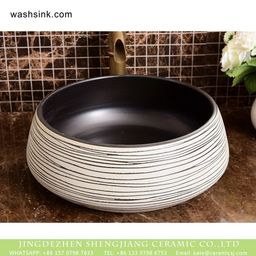 XHTC-X-1035-1 Hot Sales special design elegant Japanese quaint simple style drum shape round ceramic washroom wash basin with black glaze wall and zebra-stripe on white surface XHTC-X-1035-1 - shengjiang  ceramic  factory   porcelain art hand basin wash sink