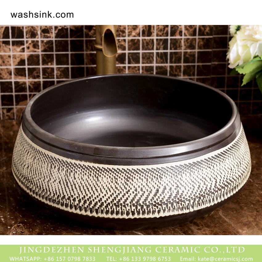 XHTC-X-1036-1 Chinese antique art new style drum shape wash hand basin with black wall and carved edge and sculptured special design irregular black pattern on white surface XHTC-X-1036-1 - shengjiang  ceramic  factory   porcelain art hand basin wash sink