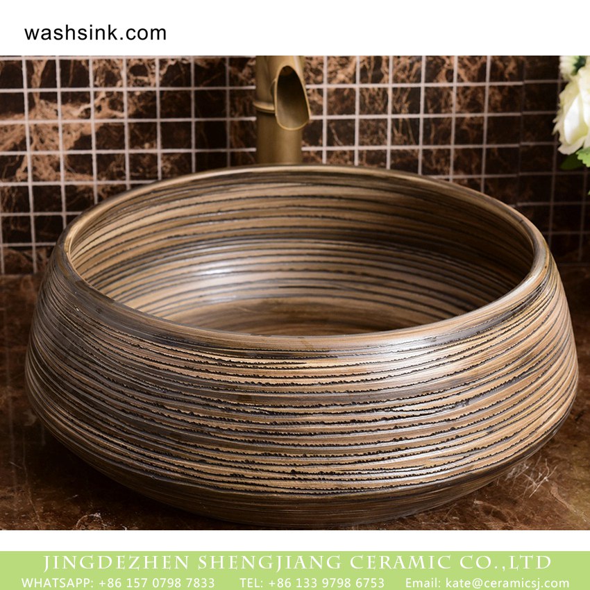 XHTC-X-1037-1 Chinese quaint antique style high quality round original domestic bathroom ceramic wash basin featuring sculptured brown wood grain pattern XHTC-X-1037-1 - shengjiang  ceramic  factory   porcelain art hand basin wash sink