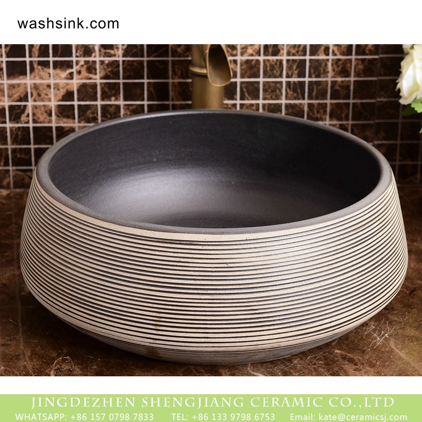 XHTC-X-1038-1 Jingdezhen Chinese European retro style drum shape round vanity art ceramic bathroom table top sink taupe glaze with zebra stripes on surface XHTC-X-1038-1 - shengjiang  ceramic  factory   porcelain art hand basin wash sink