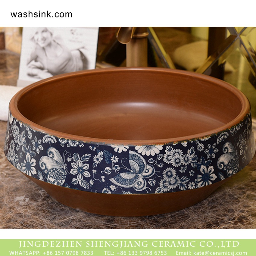 XHTC-X-1039-2 Shengjiang factory direct European antique retro style round art ceramic bathroom sink brown color glaze with blue-and-white flowers and butterflies pattern on surface XHTC-X-1039-2 - shengjiang  ceramic  factory   porcelain art hand basin wash sink