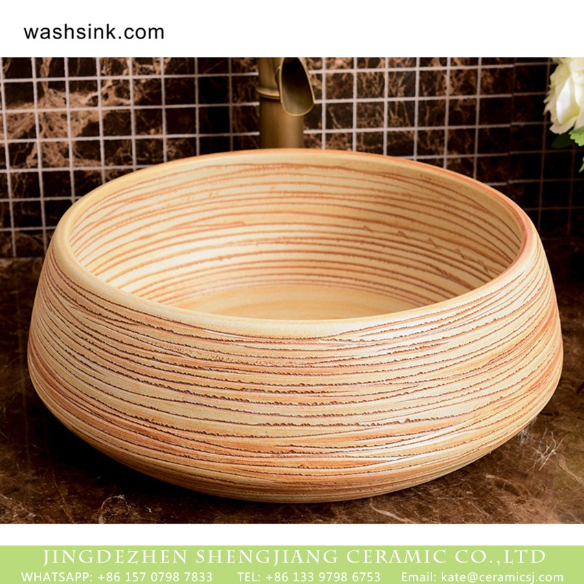 XHTC-X-1041-1 Jingdezhen made Chinoiserie unique design home decoration round ceramic bathroom art basin with carved wood color striations XHTC-X-1041-1 - shengjiang  ceramic  factory   porcelain art hand basin wash sink