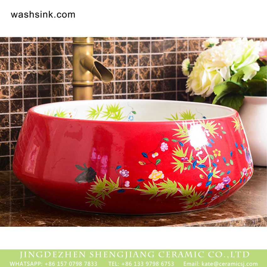 XHTC-X-1043-1 Jingdezhen factory direct slick bird flower series Chinese quaint style round ornate bathroom sink with floral and butterfly pattern printing on white glaze wall and red glaze surface XHTC-X-1043-1 - shengjiang  ceramic  factory   porcelain art hand basin wash sink