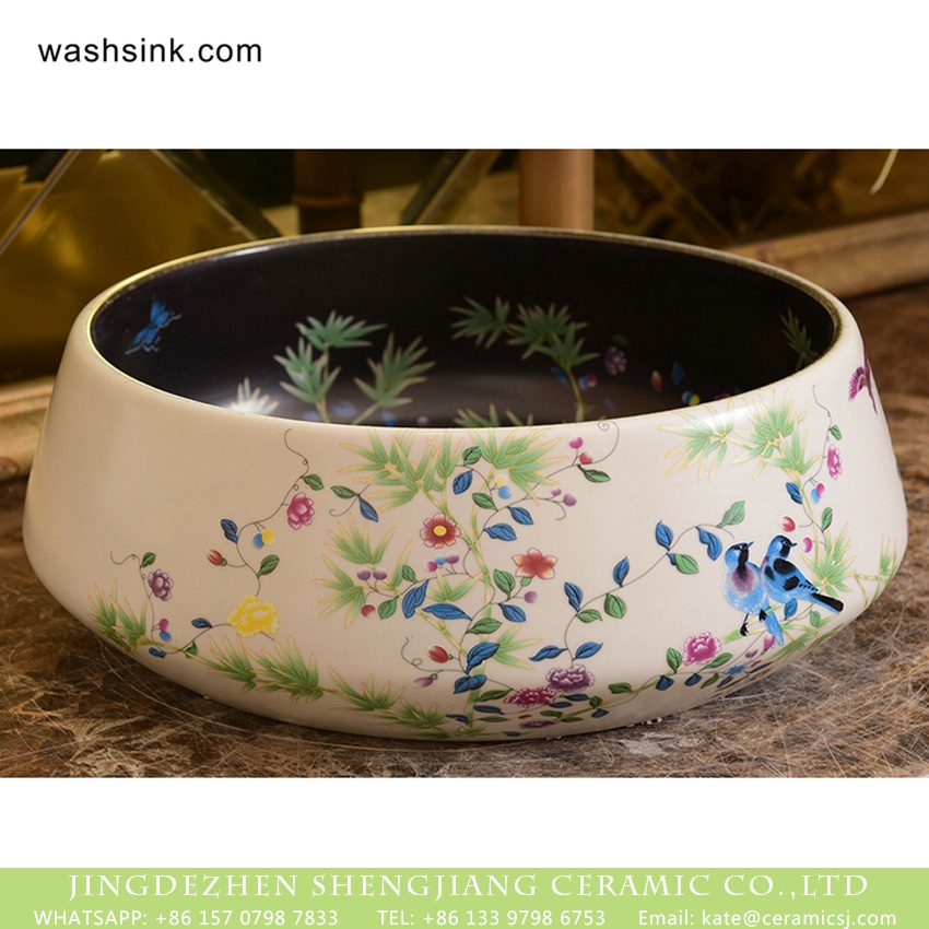 XHTC-X-1045-1 Jingdezhen factory direct bird flower series Japanese quaint style round gorgeous vanity sink with floral and bird pattern printing on black glaze wall and white glaze surface XHTC-X-1045-1 - shengjiang  ceramic  factory   porcelain art hand basin wash sink