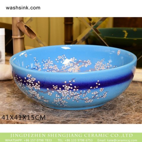 Wintersweet Series Arts and crafts China made Japanese style ornate retro round porcelain countertop lavabo with plum blossom pattern on azure glaze wall and surface and with a circle of dark blue glaze on surface XHTC-X-1051-1