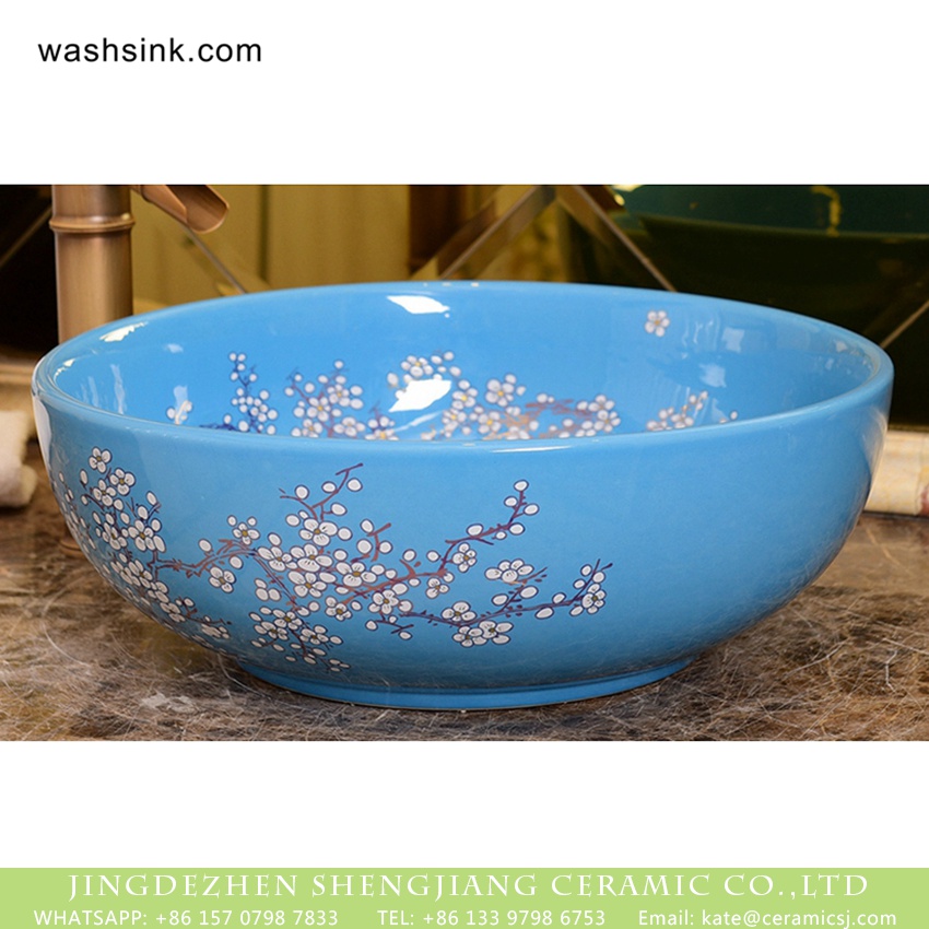 XHTC-X-1052-1 Wintersweet Series Arts and crafts China made Japanese style elegant antique round porcelain countertop sink bowls with scattered plum blossom pattern on azure glaze wall and surface XHTC-X-1052-1 - shengjiang  ceramic  factory   porcelain art hand basin wash sink