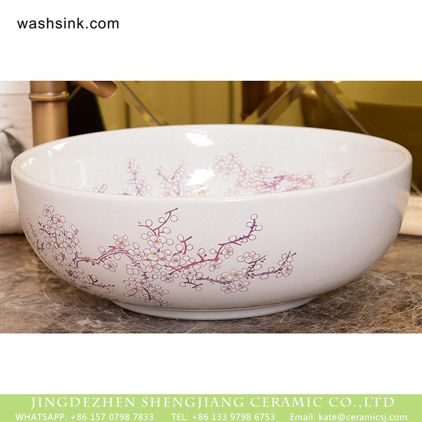 XHTC-X-1053-1 Wintersweet Series Elegant single hole factory direct wholesale Japanese style gorgeous retro round porcelain wash hand basin with scattered plum blossom pattern printing on cream white glaze wall and surface XHTC-X-1053-1 - shengjiang  ceramic  factory   porcelain art hand basin wash sink