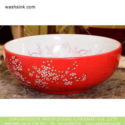 Wintersweet Series Elegant single hole Shengjiang factory direct Japanese artistic vintage oval ceramic wash basin with little scattered plum blossom pattern on white glaze wall and red glaze surface XHTC-X-1054-1