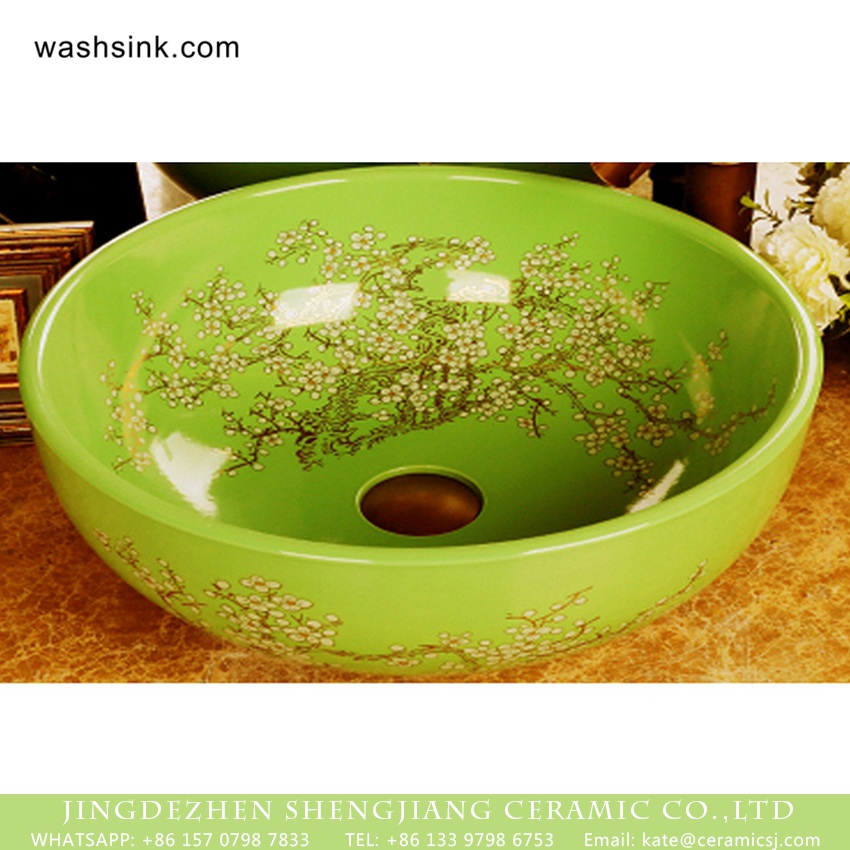 XHTC-X-1055-1 Wintersweet Series Elegant single hole Jingdezhen made Japanese style art quaint round bathroom ceramic table top sink with scattered plum blossom pattern on green glaze wall and surface XHTC-X-1055-1 - shengjiang  ceramic  factory   porcelain art hand basin wash sink