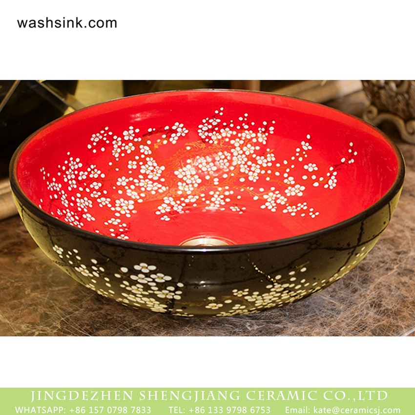 XHTC-X-1056-1 Wintersweet Series Elegant Jingdezhen Jiangxi factory direct Japanese style art retro round bathroom sink with little plum blossom pattern on red glaze wall and black surface XHTC-X-1056-1 - shengjiang  ceramic  factory   porcelain art hand basin wash sink