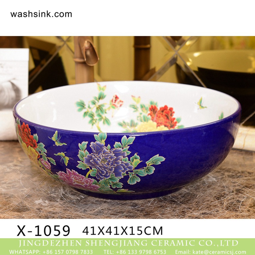 XHTC-X-1059-1 Peony Series Chinese vintage ornate style design European Mediterranean style round table top art ceramic wash sink basin with pretty peony pattern on white glaze wall and deep blue surface XHTC-X-1059-1 - shengjiang  ceramic  factory   porcelain art hand basin wash sink