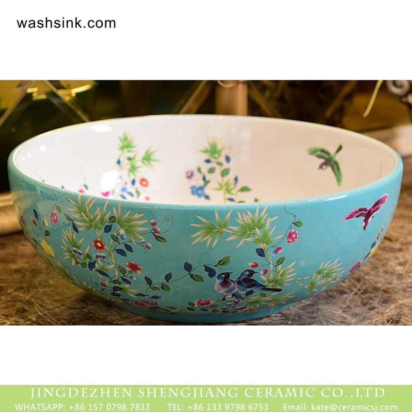 XHTC-X-1061-1 Shengjiang Ceramics bird flower series Jingdezhen made high quality bathroom ceramic famille rose countertop hand wash basin with beautiful floral and butterfly pattern on white glaze wall and turquoise glaze surface XHTC-X-1061-1 - shengjiang  ceramic  factory   porcelain art hand basin wash sink