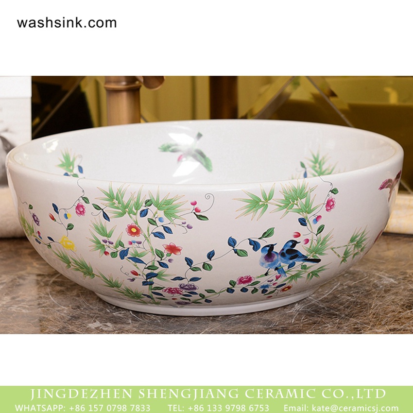 XHTC-X-1062-1 Ceramic Capital Shengjiang bird flower series China traditional high quality bathroom ceramic sanitary ware famille rose white with beautiful floral and butterfly pattern XHTC-X-1062-1 - shengjiang  ceramic  factory   porcelain art hand basin wash sink