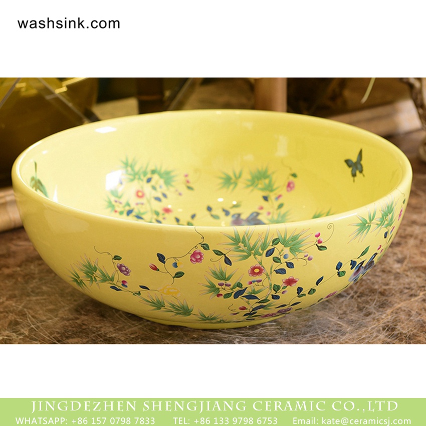 XHTC-X-1064-1 Porcelain City bird flower series Chinese retro style round art basin sink maize-white famille rose with little bird and floral graphic XHTC-X-1064-1 - shengjiang  ceramic  factory   porcelain art hand basin wash sink