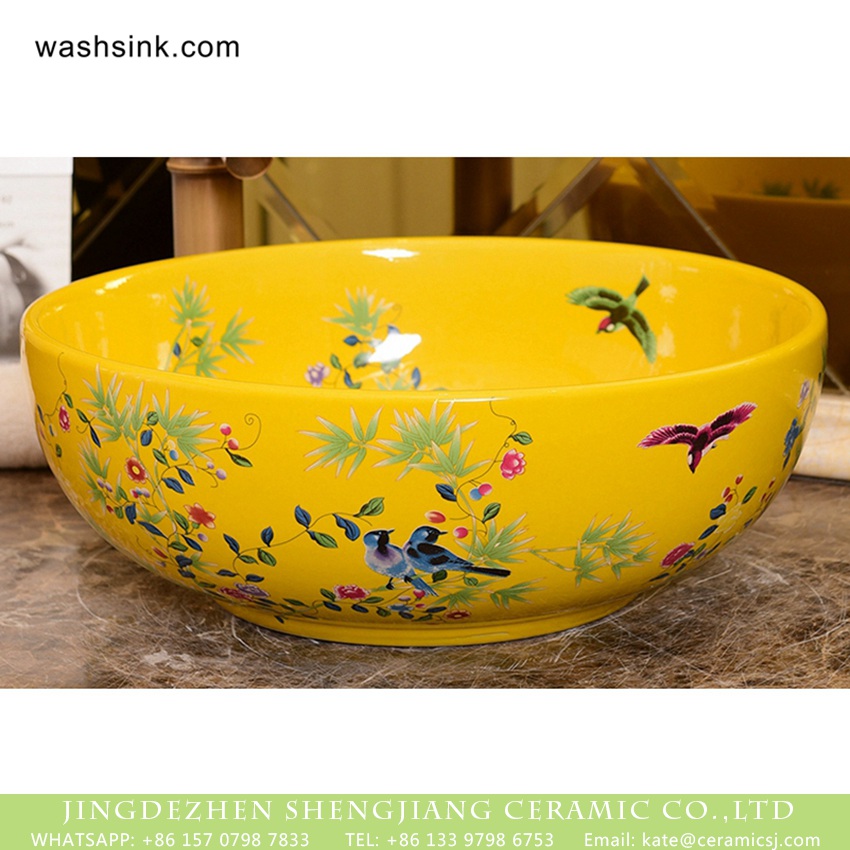 XHTC-X-1067-1 Shengjiang  factory direct bird flower series Chinoiserie retro style round luxury bathroom table top sink pretty light yellow famille rose with little bird and peony pattern colorful art ceramic sink XHTC-X-1067-1 - shengjiang  ceramic  factory   porcelain art hand basin wash sink