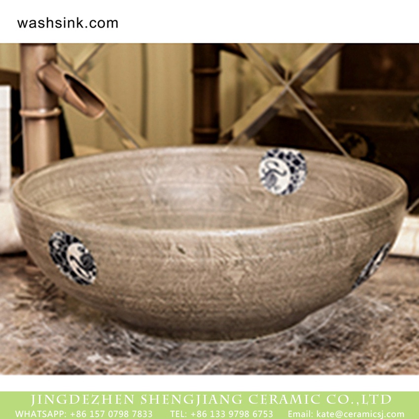 XHTC-X-1069-1 Shengjiang factory direct Chinese traditional retro style round art vanity basin wood color with few design special blue-and-white floral and phoenix pattern XHTC-X-1069-1 - shengjiang  ceramic  factory   porcelain art hand basin wash sink