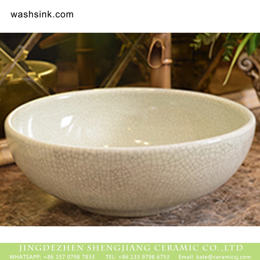 XHTC-X-1073-1 Hot Sales elegant art antique retro quaint style thin edge round special design white slippy porcelain table top toilet basin ice crackle glaze XHTC-X-1073-1 - shengjiang  ceramic  factory   porcelain art hand basin wash sink