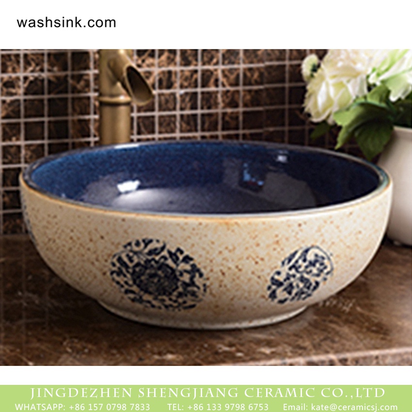 XHTC-X-1074-1 Jingdezhen factory wholesale price thin edge round quaint original art ceramic basin with smooth deep blue glaze wall and circular blue-and-white pattern on beign surface with spots XHTC-X-1074-1 - shengjiang  ceramic  factory   porcelain art hand basin wash sink